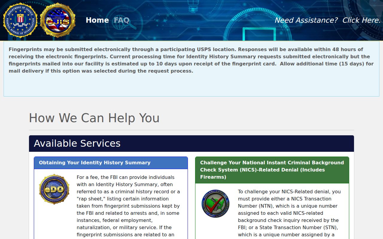 FBI electronic order portal for a Sumter County criminal history self-review