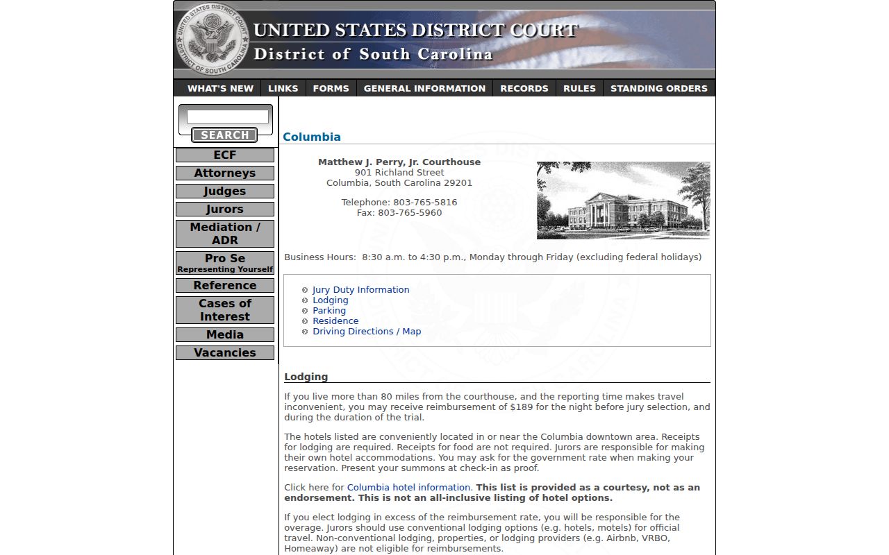 Federal Columbia courthouse serving Sumter County criminal cases