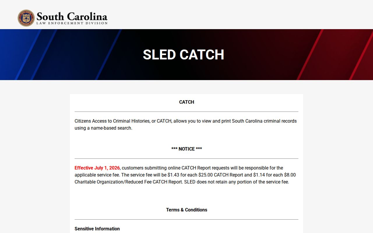 SLED CATCH entry page for Sumter County criminal records