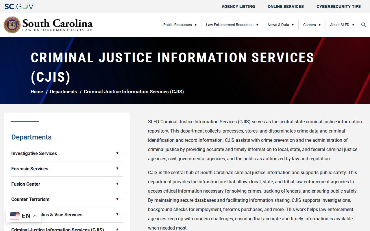 Sumter County criminal history information on the SLED CJIS page