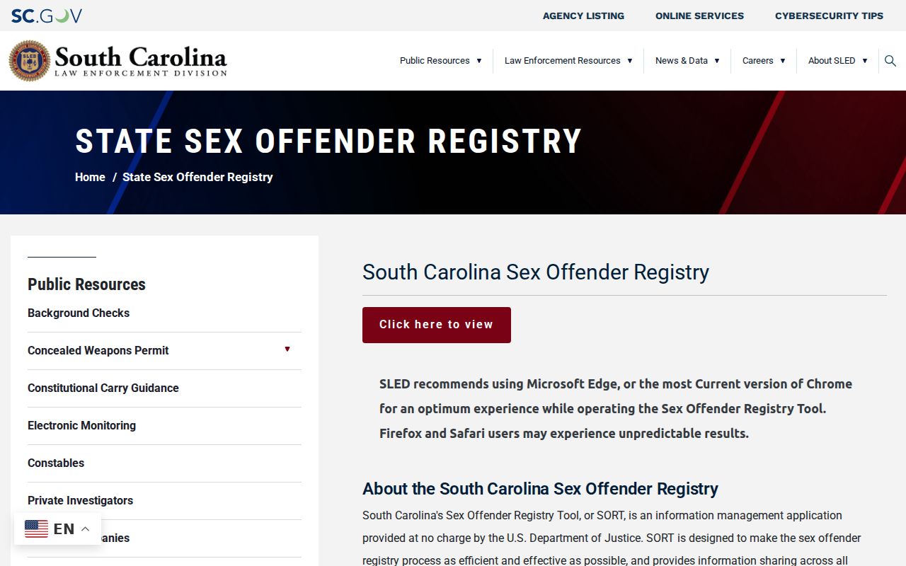 Sumter County sex offender registry entry page